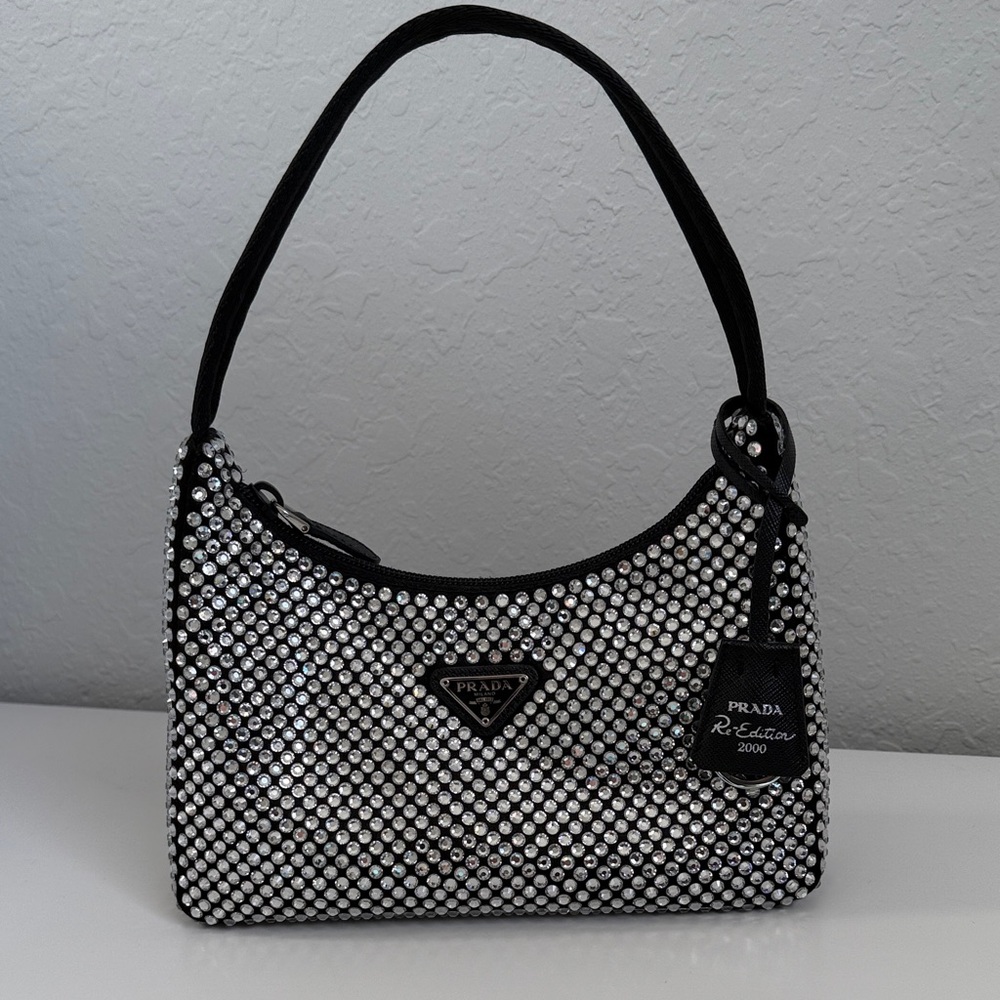 Prada Re-Edition Mini Hobo Satin Bag With Crystals